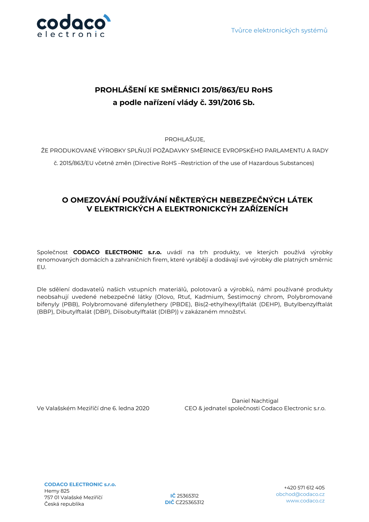 Prohlášení k direktivě RoHS